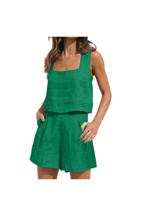 Linen Sets for Women 2 Piece Summer Outfits Casual Crop Tank Tops with Short Pants Tracksuits Lounge Sets