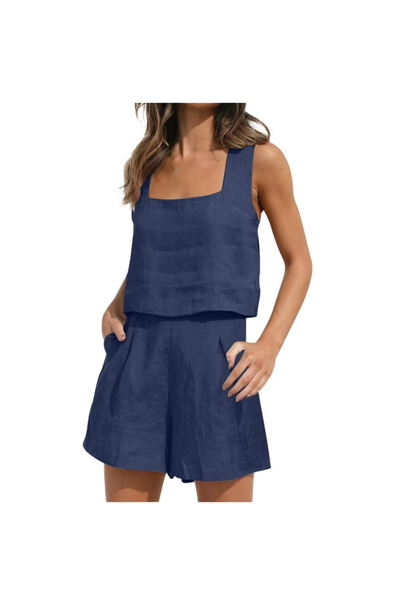 Linen Sets for Women 2 Piece Summer Outfits Casual Crop Tank Tops with Short Pants Tracksuits Lounge Sets