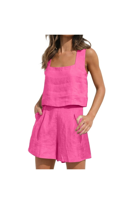 Linen Sets for Women 2 Piece Summer Outfits Casual Crop Tank Tops with Short Pants Tracksuits Lounge Sets