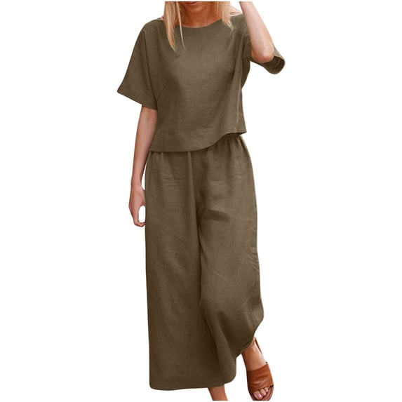 Linen Sets for Women 2 Piece Summer Outfits Casual Short Sleeve Tops with Long Pants Tracksuits Lounge Sets