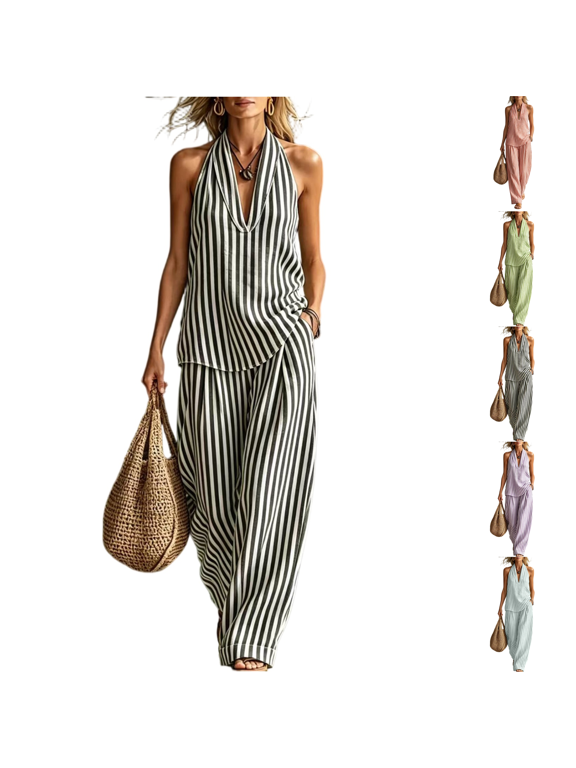 Linen Sets for Women 2 Piece Summer Outfits Sleeveless Tops Match Wide Leg Pants Cotton Linen Casual Two Piece Sets Black S