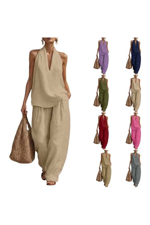 Linen Sets for Women 2 Piece Summer Outfits Sleeveless Tops Match Wide Leg Pants Cotton Linen Casual Two Piece Sets Navy 2XL