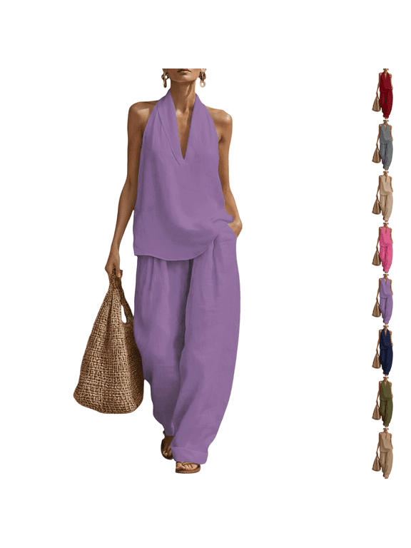 Linen Sets for Women 2 Piece Summer Outfits Sleeveless Tops Match Wide Leg Pants Cotton Linen Casual Two Piece Sets Purple S