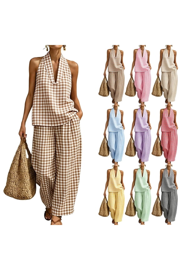 Linen Sets for Women 2 Piece Summer Outfits Sleeveless V Neck Top Wide Leg Pants Matching Lounge Set with Pockets Khaki 2XL