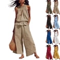 thumbnail image 1 of Linen Sets for Women 2 piece Sleeveless Ruffle Top Wide Leg Pants Matching Set Summer Beach Vacation Outfits,Khaki,S, 1 of 7