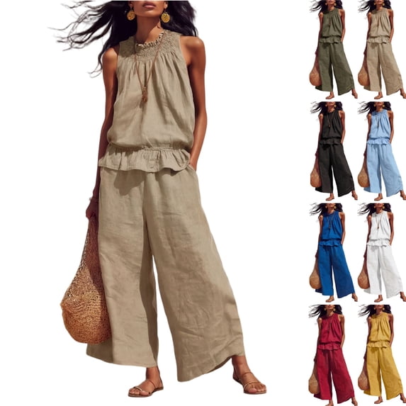Linen Sets for Women 2 piece Sleeveless Ruffle Top Wide Leg Pants Matching Set Summer Beach Vacation Outfits,Khaki,S