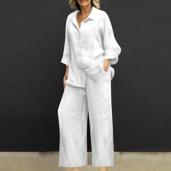 Linen Sets for Women Casual Long Sleeved Button Down V-Neck Shirt Wide Leg Pants Oversized Fashion Solid Color 2 piece sets 2025 Spring and Fall