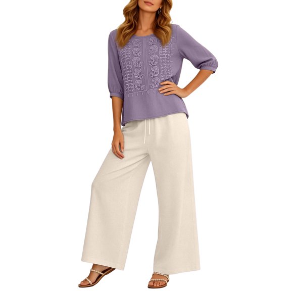 Linen Sets for Women Cute Summer Flowy Matching Suit Boho Flowy Embroidered Tops Wide Leg Pants Casual Sets