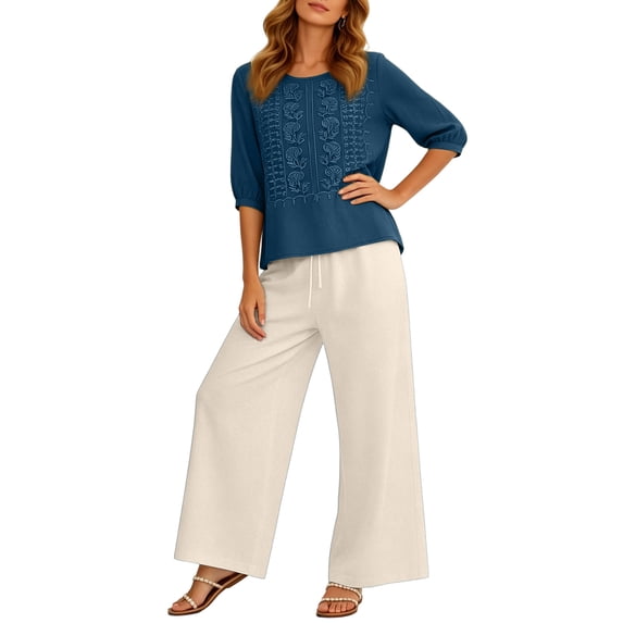 Linen Sets for Women Cute Summer Flowy Matching Suit Boho Flowy Embroidered Tops Wide Leg Pants Casual Sets