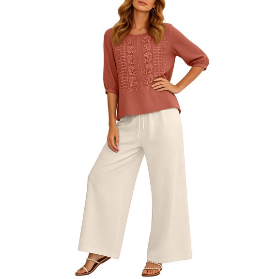 Linen Sets for Women Cute Summer Flowy Matching Suit Boho Flowy Embroidered Tops Wide Leg Pants Casual Sets