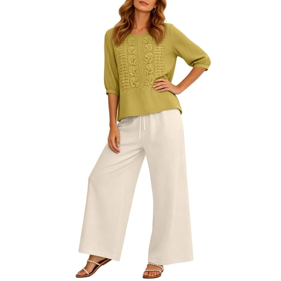 Linen Sets for Women Cute Summer Flowy Matching Suit Boho Flowy Embroidered Tops Wide Leg Pants Casual Sets