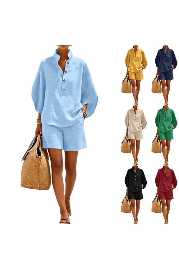 Linen Sets for Women Linen Cotton Two Piece Set - Casual Shirt and Wide Leg Pants Outfit Navy S