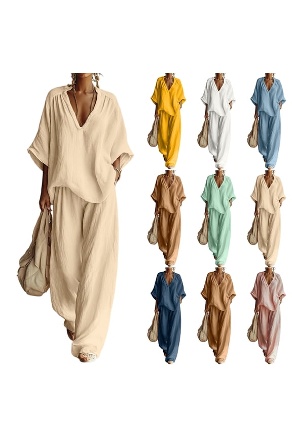 Linen Sets for Women Linen Cotton Two Piece Set - Casual Shirt and Wide Leg Pants Outfit White XL