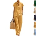 thumbnail image 1 of Linen Sets for Womens 2 Piece Outfits Short Sleeve V Neck Button Shirts and Wide Leg Pants Set Vacation Beach Outfits,Orange,M, 1 of 4