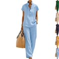 thumbnail image 1 of Linen Sets for Womens 2 Piece Outfits Short Sleeve V Neck Button Shirts and Wide Leg Pants Set Vacation Beach Outfits,Sky Blue,XXL, 1 of 4