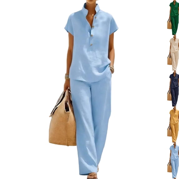 Linen Sets for Womens 2 Piece Outfits Short Sleeve V Neck Button Shirts and Wide Leg Pants Set Vacation Beach Outfits,Sky Blue,XXL