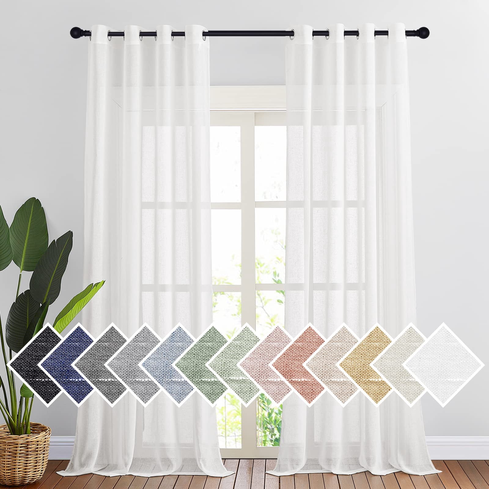 Linen Sheer Curtains 96 Inches Long For Living Room  Bedroom 2 Panels Set Grommet Semi Privacy With Light Filtering Flax Open Weave Drapes W52 X L96 White