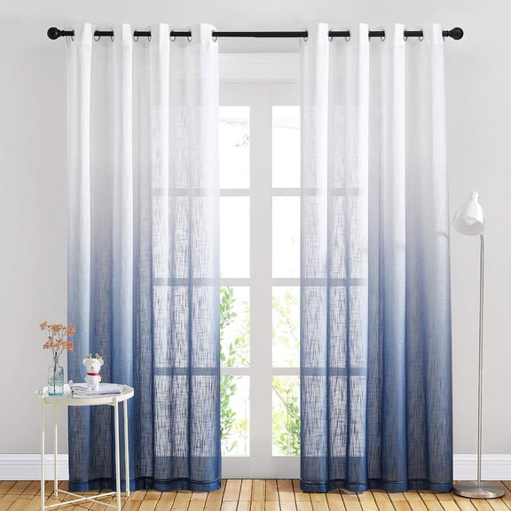 Linen Sheer Ombre Curtains for Living Room Bedroom, Grommet Gradient Semi Sheer Vertical Window Treatments Privacy with Light, Navy Blue, Set of 2