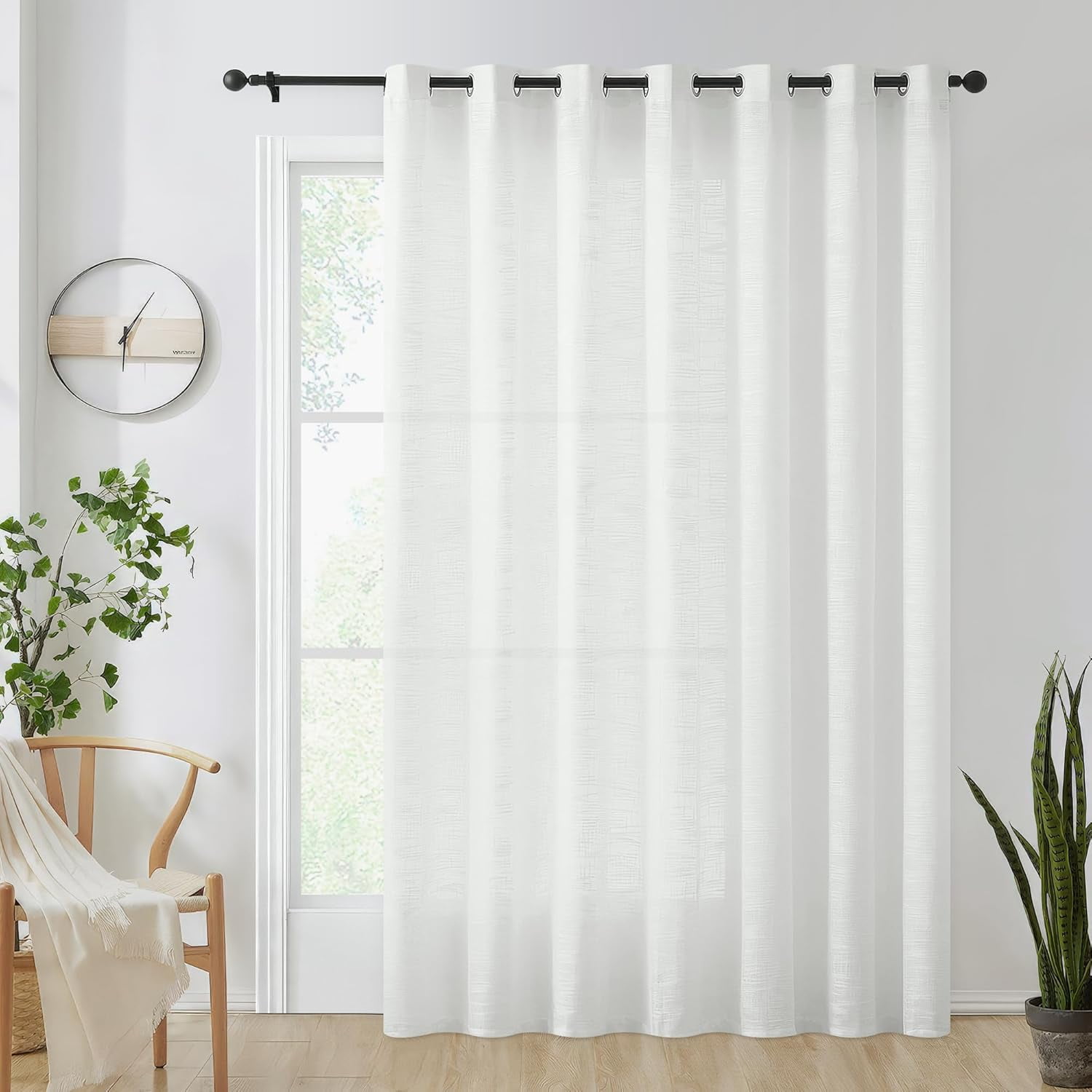 Linen Textured White Sheer Curtains - 108" Long Semi-Sheer Panel For Sliding Doors