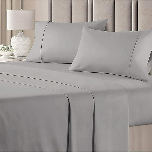 Linen Sheets 4 Piece Luxury Bed Sheets Set, Microfiber 14" Deep Pocket, Soft Cooling Bedding- Light Grey Solid, Queen Size