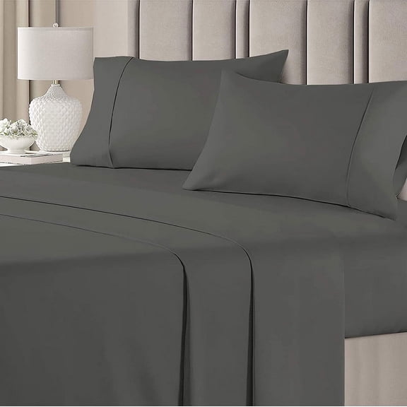 Linen Sheets 4 Piece Luxury Bed Sheets Set, Microfiber 16" Deep Pocket, Soft Cooling Bedding- Dark Grey Solid, Queen Size