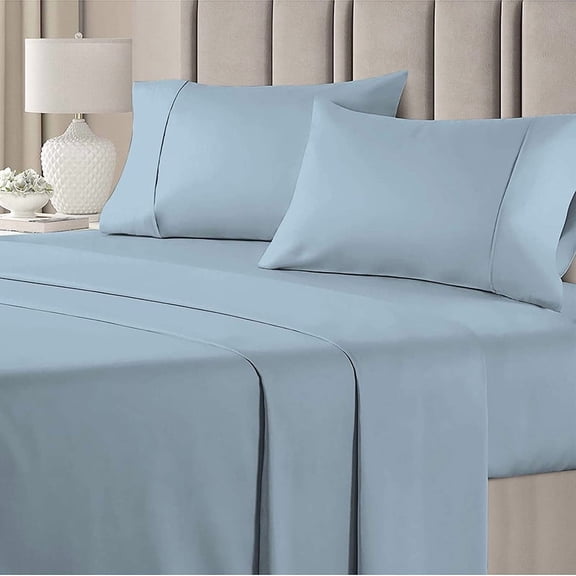 Linen Sheets 4 Piece Luxury Bed Sheets Set, Microfiber 18" Deep Pocket, Soft Cooling Bedding- Light Blue Solid, Queen Size