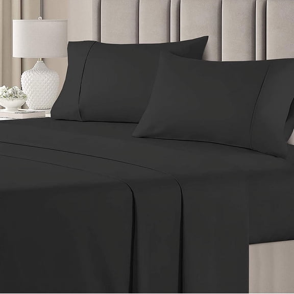 Linen Sheets 4 Piece Luxury Bed Sheets Set, Microfiber 22" Deep Pocket, Soft Cooling Bedding- Black Solid, Cal-King Size