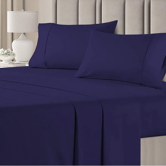 Linen Sheets 4 Piece Luxury Bed Sheets Set, Microfiber 22" Deep Pocket, Soft Cooling Bedding- Navy Blue Solid, Cal-King Size