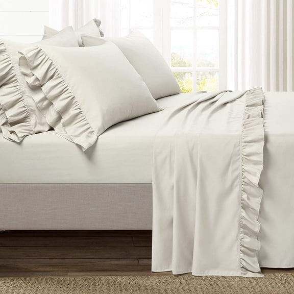 Linen Sheets 400 Thread Count Bed Sheets Set- Luxury Ruffle 6 Piece Bed Sheets- 22" Deep Pocket- 100% Cotton- Ivory Solid, Olympic Queen Size