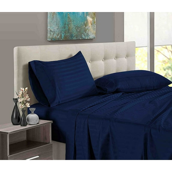 Linen Sheets 800 Thread Count Wrinkle-Resistant 16" Extra Deep Pocket Hotel Luxury Cotton 6-Piece Sateen Bedsheet Set- Navy Blue Stripe, King Size