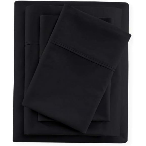 Linen Sheets Bed Sheet Sets, 600 TC 12" Deep Pocket, 4 Piece Bedding Set, Luxury Soft 100% Cotton Sheet Sets- Black Solid, Twin