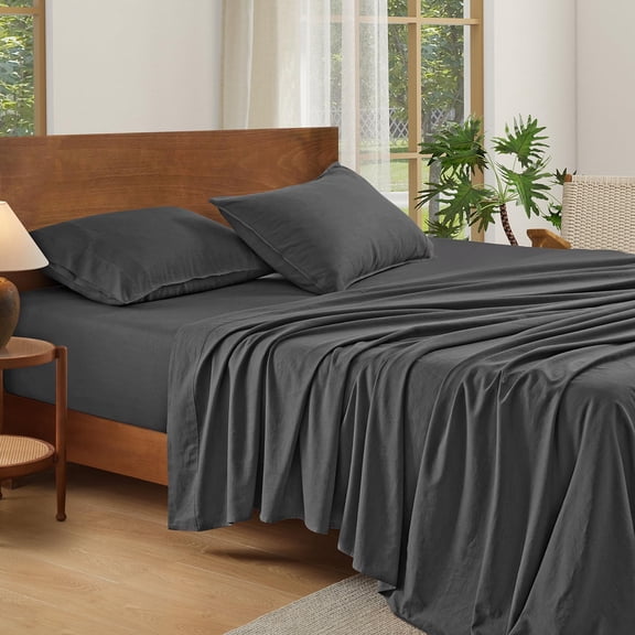 Linen Sheets Dark Grey Size Set Breathable And Durable For Hot Sleepers 3 Bed With 16 Inch Deep Pocket - 1 Flat Sheet 1 Fitted 1owcase