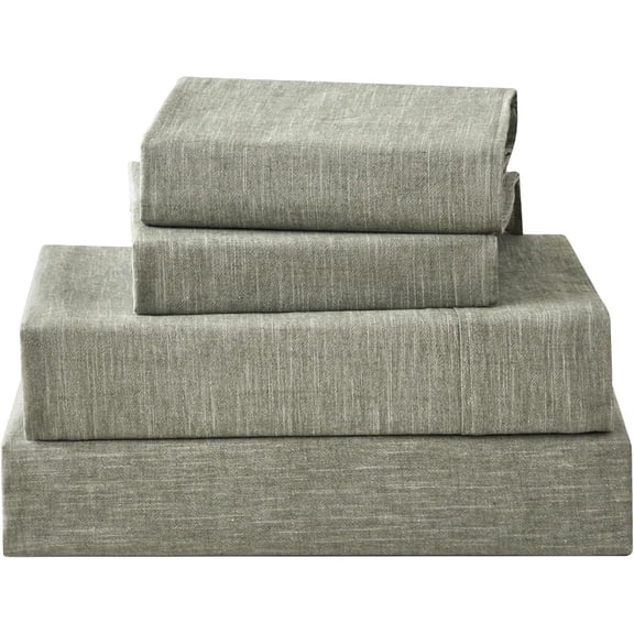 Linen Sheets Full Size, Stonewashed Linen Blend Sheets with Slub Texture, Breathable & Soft Bedsheets, - Comfort, 4 count, Green