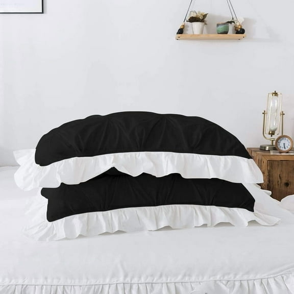 Linen Sheets Pinch Ruffle Pillow Cases Set of 2- 100% Cotton Zip Closure Pillow Covers- Luxurious Ruffle Design- 400 TC (20" x 30") Black/White.