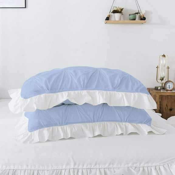 Linen Sheets Pinch Ruffle Pillow Cases Set of 2- 100% Cotton Zip Closure Pillow Covers- Luxurious Ruffle Design- 400 TC (20" x 40") Light Blue/White.