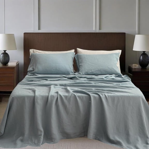 Linen Sheets Set 4 count - Washed Linen Bedding Set with 16" Deep Pocket Fitted Sheet, Flat Sheet & 2 Pillowcases, Breathable Durable for Seasons (Dusty Blue, )