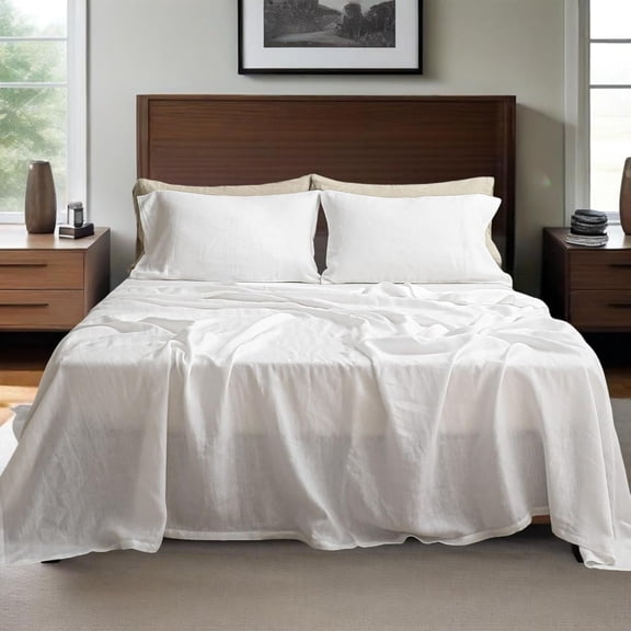 Linen Sheets Set 4 count - Washed Linen Bedding Set with 16" Deep Pocket Fitted Sheet, Flat Sheet & 2 Pillowcases, Breathable Durable for Seasons (White, )