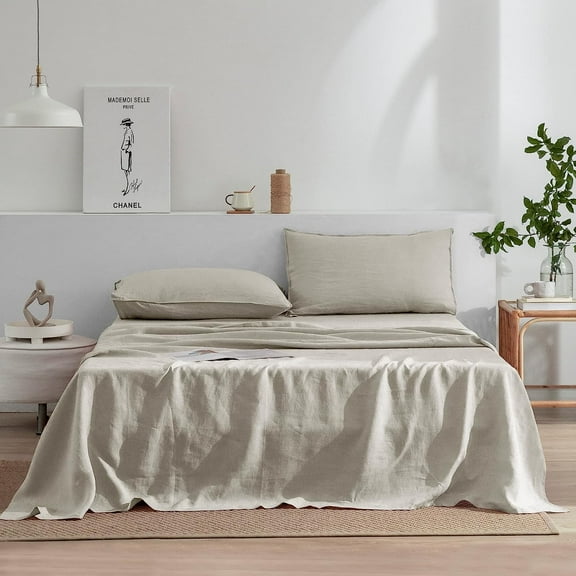 Linen Sheets Set Queen Size,100% French Stonewash Pure Linen Sheets Set,4Pieces (1Flat Sheet,1Fitted Sheet,2Pillowcase) Suitable for Hot Sleepers,Not Dyed Deep Pocket Natural Bedding Set-Linen