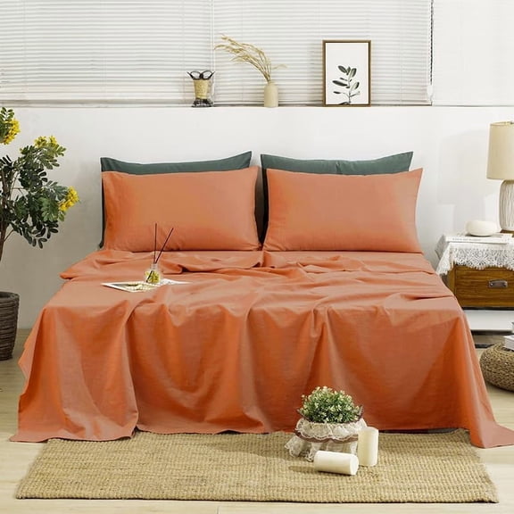Linen Sheets Size, Washed Linen Sheets Set, 4 count Bedding Sheets Set with Durable Deep Pocket Fitted Sheet & Flat Sheet & 2 Pillowcases, Caramel