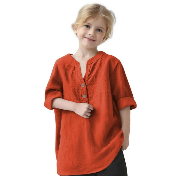 Linen Shirt for Girl UK Oversized 3/4 Sleeve Tunic Tops Cotton Linen T-Shirt Kids Loose Fit V Neck Button Tops Plain Summer Tee Shirts Casual Longline Blouses