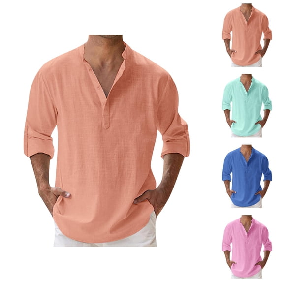 Linen Shirt Men Long Sleeve Band Collar Relaxed Fit Lightweight Plain Spring Summer Beach Shirt