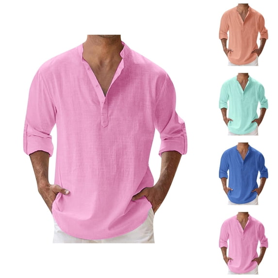 Linen Shirt Men Long Sleeve Band Collar Relaxed Fit Lightweight Plain Spring Summer Beach Shirt