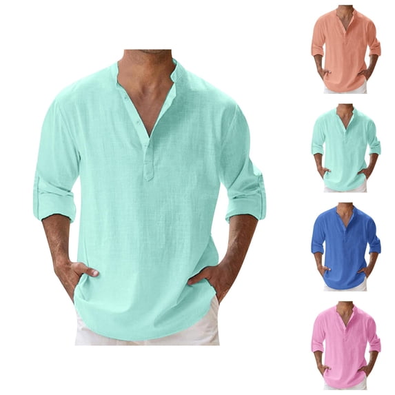 Linen Shirt Men Long Sleeve Band Collar Relaxed Fit Lightweight Plain Spring Summer Beach Shirt