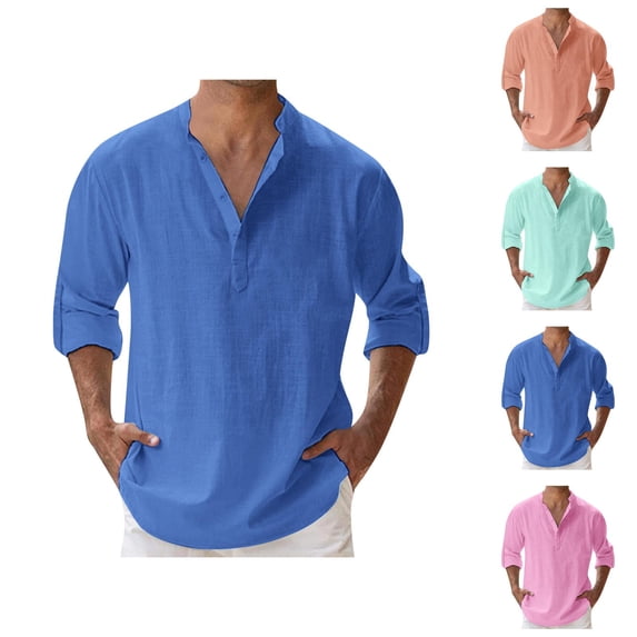Linen Shirt Men Long Sleeve Band Collar Relaxed Fit Lightweight Plain Spring Summer Beach Shirt