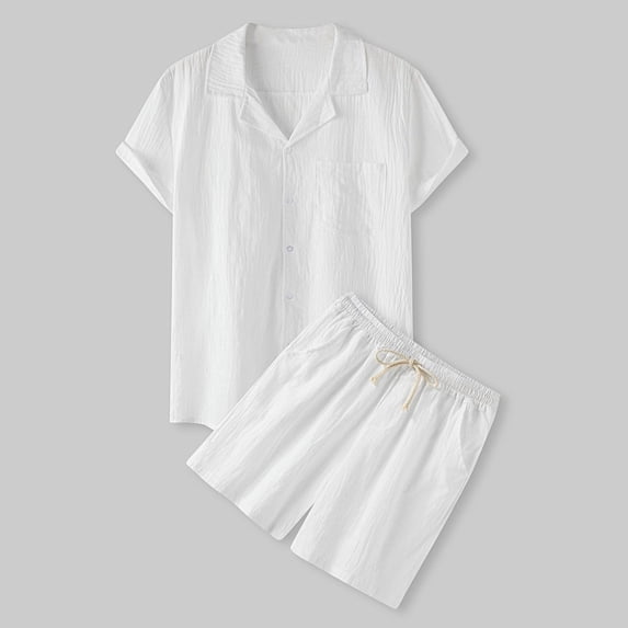 Linen Shirt Short Outfits:Men's Beach 2 Pieces Casual Short Sleeve Button-Down Shirt Shorts Sets White