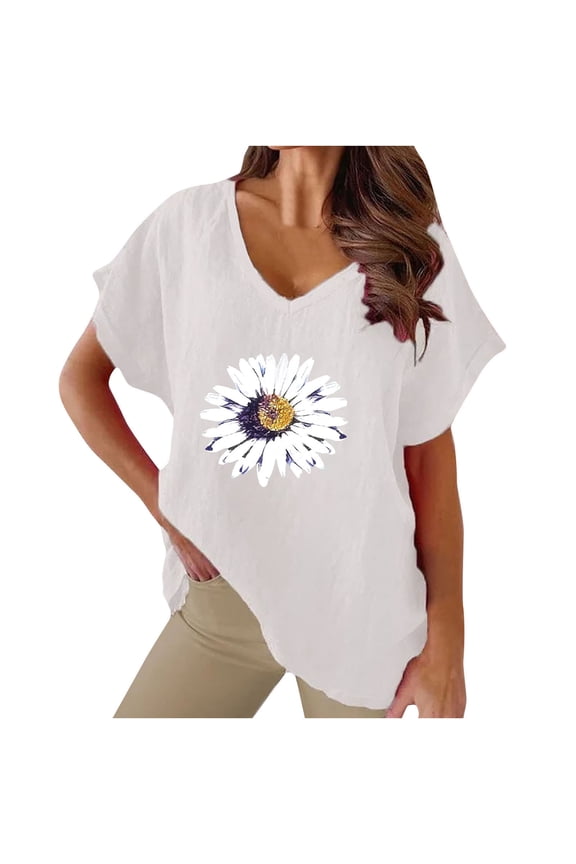 Linen Shirt Women Cotton Short Sleeve Blouses V Neck Collared Summer Beach Tops Dress Shirts Casual Loose Roll Up T-Shirt for Leggings Workout Yoga Gym Tops