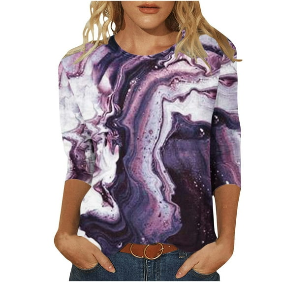 Linen Shirt Women Fall Work Tops for Women Casual 3/4 Sleeve Round Neck Pullover Blouse