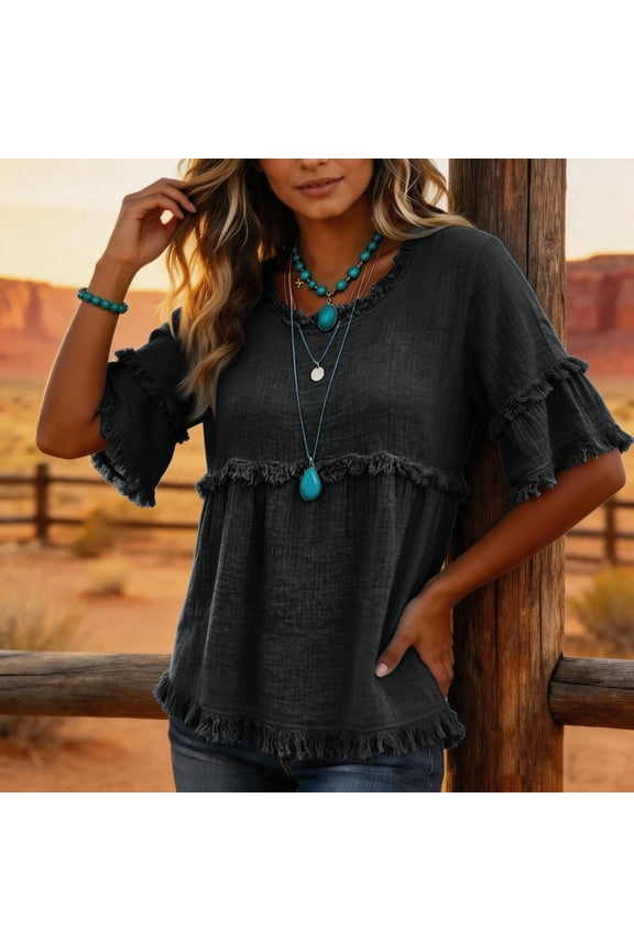 Linen Shirt Women Short Sleeve Summer Raw Edge Hem Vintage Tshirts Frayed Flowy v Neck Holiday Shirts