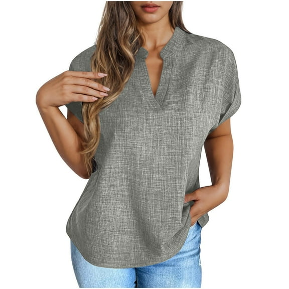 Linen Shirt for Women Summer Short SleeveT-Shirt V Neck Blouses Petite Casual Loose Dressy Imitation Cotton Linen Shirts Plain Office Work Pullover Tops