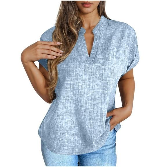 Linen Shirt for Women Summer Short SleeveT-Shirt V Neck Blouses Petite Casual Loose Dressy Imitation Cotton Linen Shirts Plain Office Work Pullover Tops